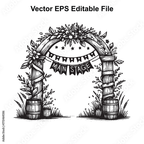 Vector art of handdrawn sketch of a rustic archway with barrels and bunting for a main stage event
