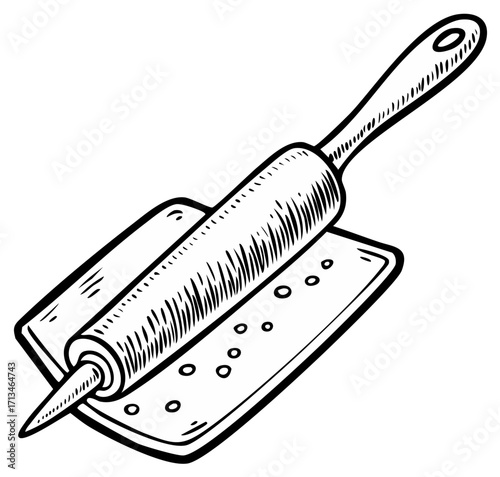 Black and White Drawing of a Rolling Pin and Dough Cutter Tool