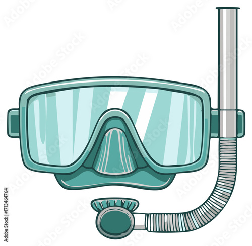 Underwater diving mask and snorkel for recreational water activities. Scuba gear illustration.
