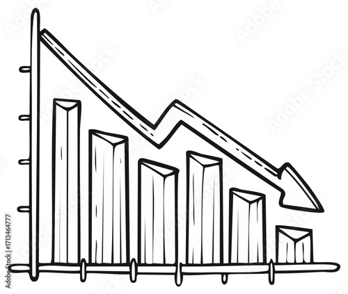 Hand drawn cartoon bar graph illustration with downward pointing arrow suggesting economic decline or market crash and loss