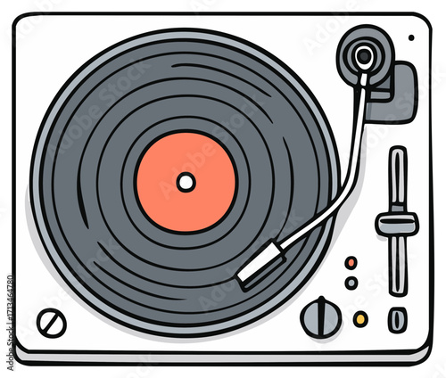 Illustration of a Record Player with Vinyl Disc, Speaker, and Mixer for Music