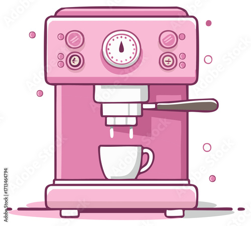 Pink coffee machine brewing coffee into white cup