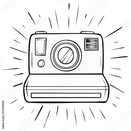 Instant camera sketch illustration with light rays, photography art design