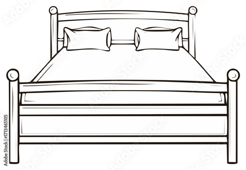 Bedroom outline with bed, pillows, and mattress illustration in black and white for house decor and cozy sleeping.