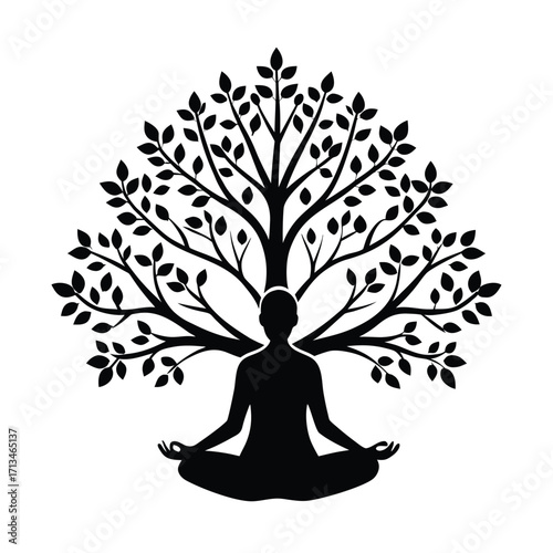 Black silhouette of meditating person beneath a tree of life
