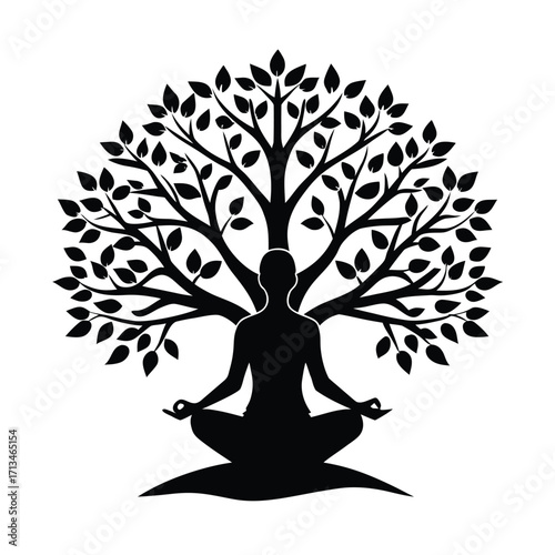 Meditating person silhouette with tree of life on a cushion