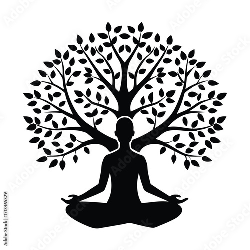 Silhouette of person meditating under a tree of life