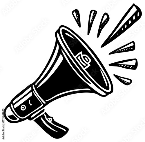 Black and white illustration of a bullhorn making a loud announcement