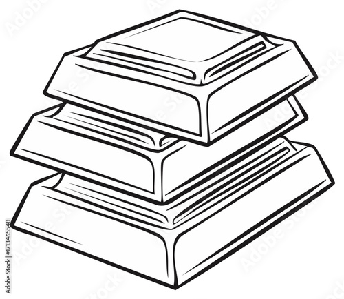 Stack of three gold bullion ingots black and white vector line art illustration