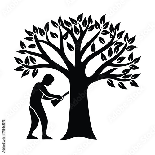 Silhouette of a person pruning a tree with pruning shears Keywords: person, pruning, tree