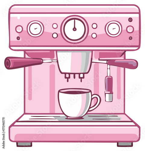 Pink espresso machine with cup of coffee illustration for a coffee shop or restaurant menu art