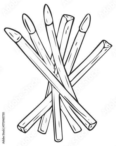 Monochrome line art illustration of a bundle of matchsticks for lighting a fire