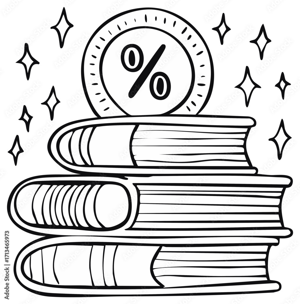 Obraz premium Books Stack and Discount Symbol Drawing, Education, Learning, Savings