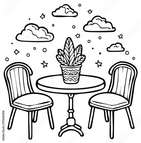 Whimsical Outdoor Cafe Scene with Table Chairs Plant Clouds and Stars Doodles Coloring Page Illustration