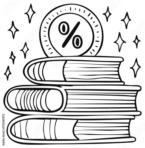 Books Stack and Discount Symbol Drawing, Education, Learning, Savings