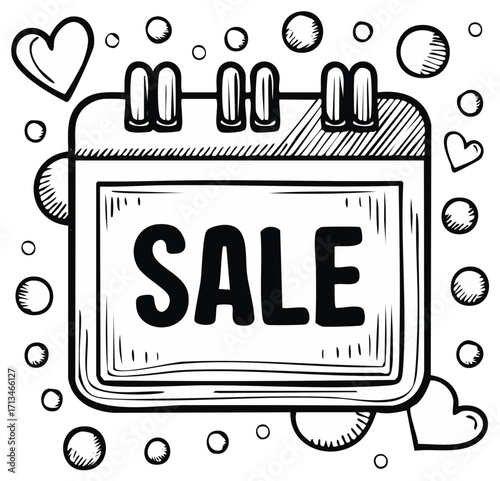 Sale Calendar Graphic with Hearts and Bubbles Hand Drawn Style