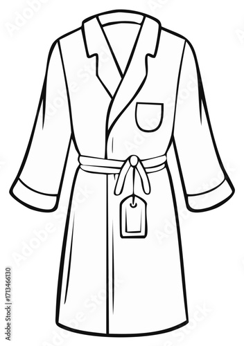 Line art illustration of a robe, bathrobe, dressing gown with belt and tag, outline icon
