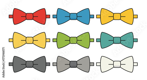 A vibrant collection of nine colorful bow tie icons arranged in a grid, showcasing various shades.