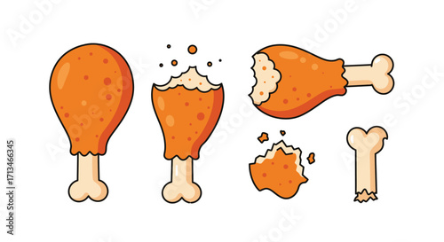 A collection of cartoon fried chicken legs in various states of being eaten, including whole, partially eaten, and just bones.