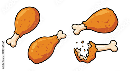 Cartoon fried chicken drumsticks, some whole and some eaten, showing the bone in different stages.