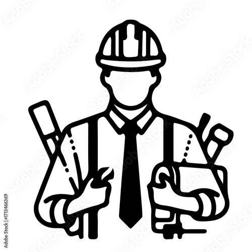 Engineer Black and White Vector Illustration