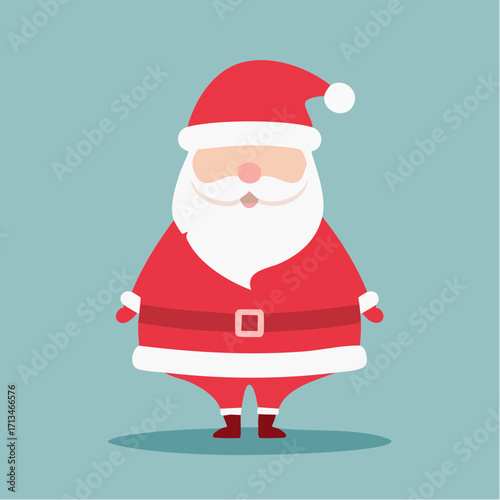 Charming flat vector graphic of a jolly Santa Claus character. A minimalist and cute icon for the Christmas holiday season, greetings, and decorations