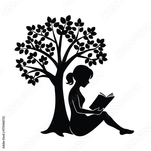 Silhouette of a girl reading a book under a tree child