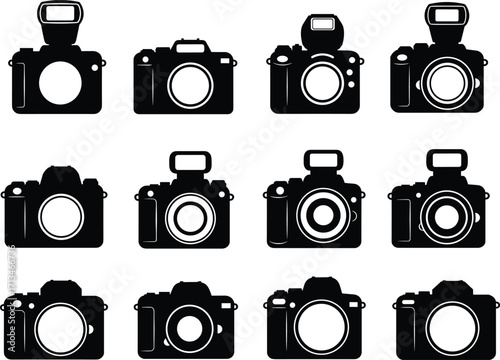 Silhouette vector collection of digital cameras and photography equipment icons, professional DSLR camera illustration for photographers, creative projects, branding, and graphic design