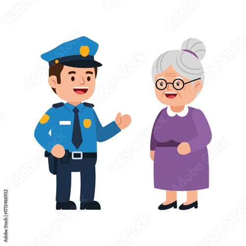 Friendly policeman talking to elderly woman on the street offering assistance and support, creating a sense of community and safety.