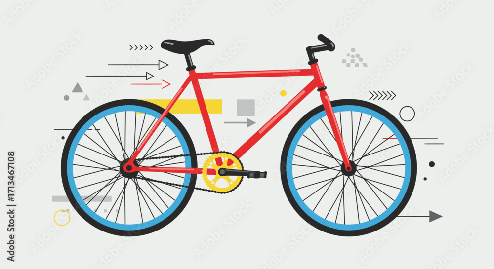 Fototapeta premium Red bicycle illustration with geometric design elements.