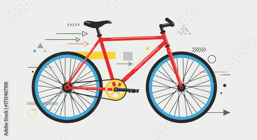 Red bicycle illustration with geometric design elements.