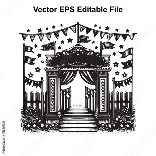 Vector art of entrance to a carnival or circus with flags and bunting, vector eps editable file