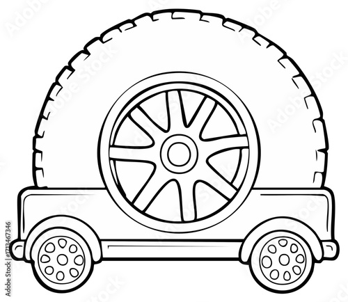 Outline Drawing of Cartoon Car with Large Tire On Top for Coloring Book