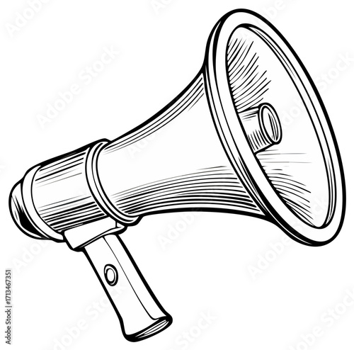 Monochrome Line Drawing of a Megaphone Announcing News and Loud Communication