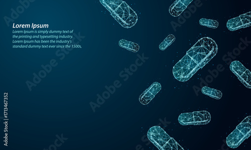 futuristic wireframe digital illustration of capsules floating in space.Medical, pharmacy, antibiotic, health, vitamin, treatment illustration.Abstract low poly modern medicine, innovation,technology.