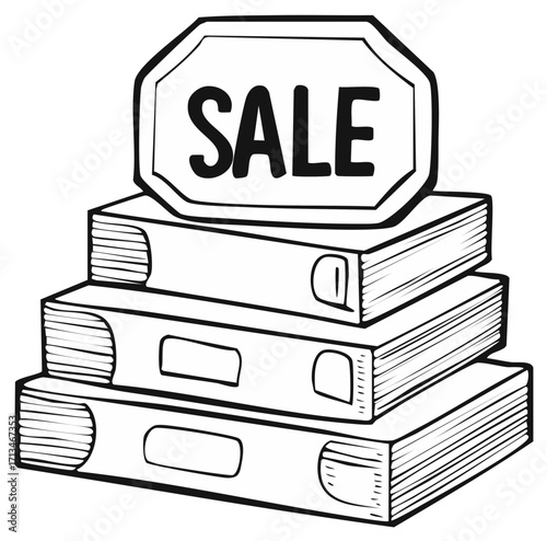 Stack of Books Featuring a Sale Tag Illustration for Promotions