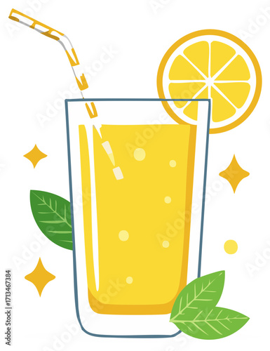 Refreshing glass of yellow citrus beverage with straw and lemon slice garnish