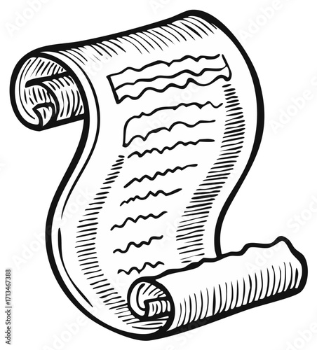 Classic hand drawn vintage scroll with old parchment paper and unreadable text lines illustration