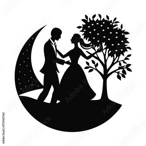 Couple dancing near a crescent moon and tree woman