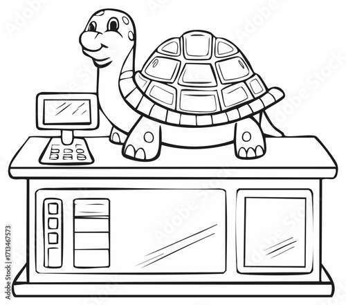 Cartoon Turtle at Reception Desk with Computer Terminal Line Art Style
