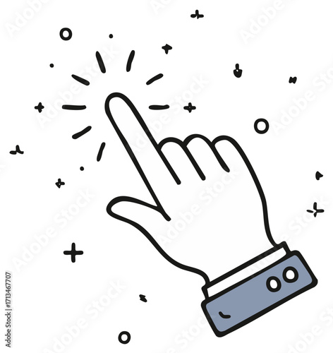 Doodle Hand Pointing Index Finger Touching Screen or Pressing Button Action