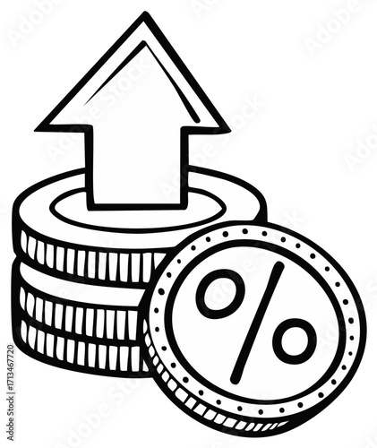 Coins stack with upward arrow and percentage sign icon, money growth, hand drawn style, income and return