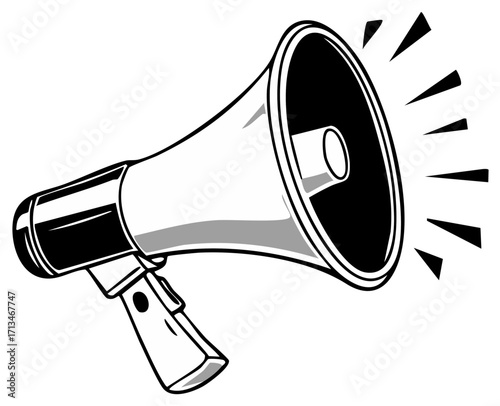 Handheld megaphone bullhorn shouting vector illustration in black and white outline graphic style