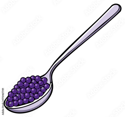 Illustration of a shiny metal spoon brimming with small purple berries, fruit, or candy