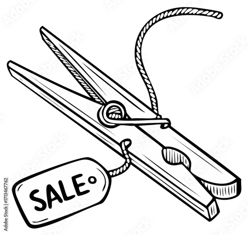 Hand Drawn Clothespin Clip Holding a Sale Tag, Black and White Retail Concept, Promotion or Clearance Concept, Line Art Illustration