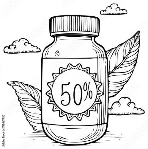 Sunscreen bottle with 50% SPF label, surrounded by stylized leaves and clouds