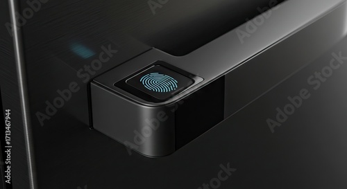 Black door handle with a blue fingerprint scanner