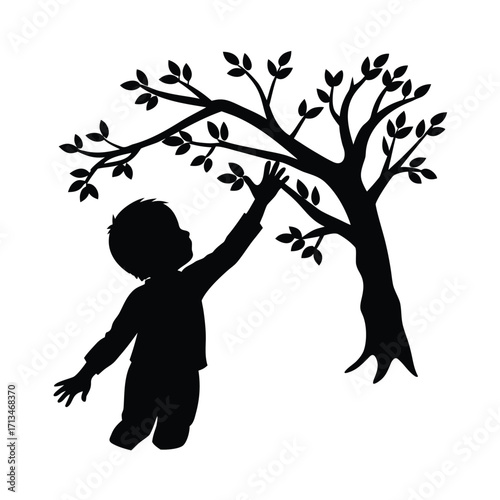 Silhouette of a child reaching for a tree branch vector