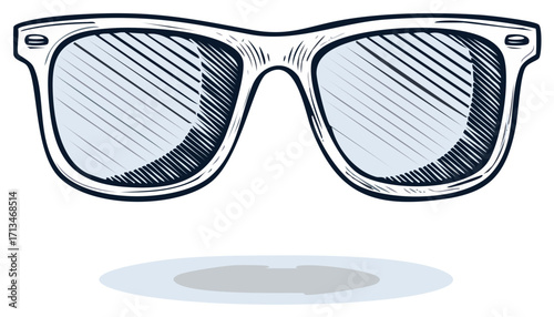 Modern sunglasses hand drawn illustration. Square framed trendy eyewear with light blue lenses, sun protection accessory