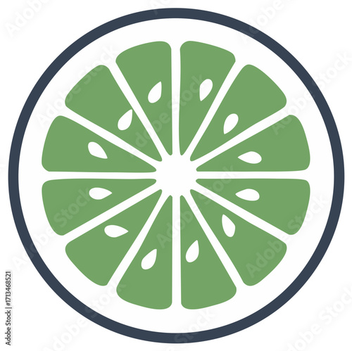 Vibrant green lime slice with dark blue circle. Simple citrus fruit icon